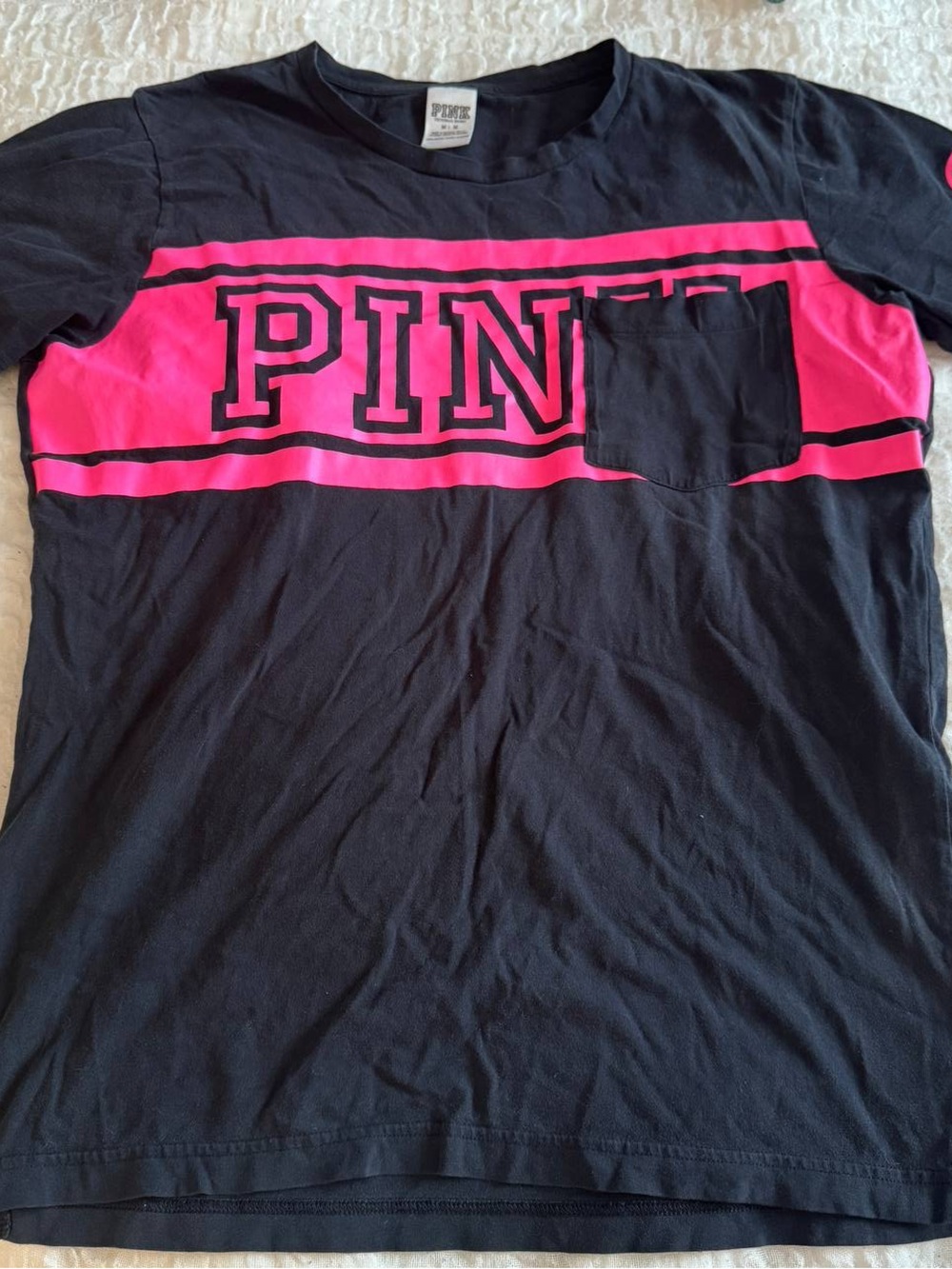 PINK Victoria's Secret Black Tee with Bright Pink Back Logo